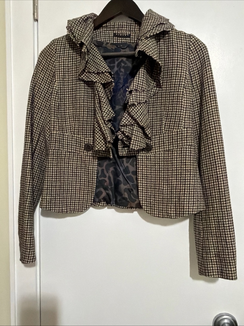 Sisley Brown Houndstooth Ruffle wool blend Blazer coat Size:38
